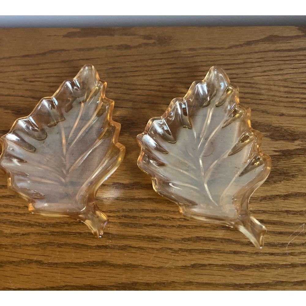 Set of 2 Vintage Marigold / Amber Leaf-Shaped Carnival Glass Candy Relish Dishes